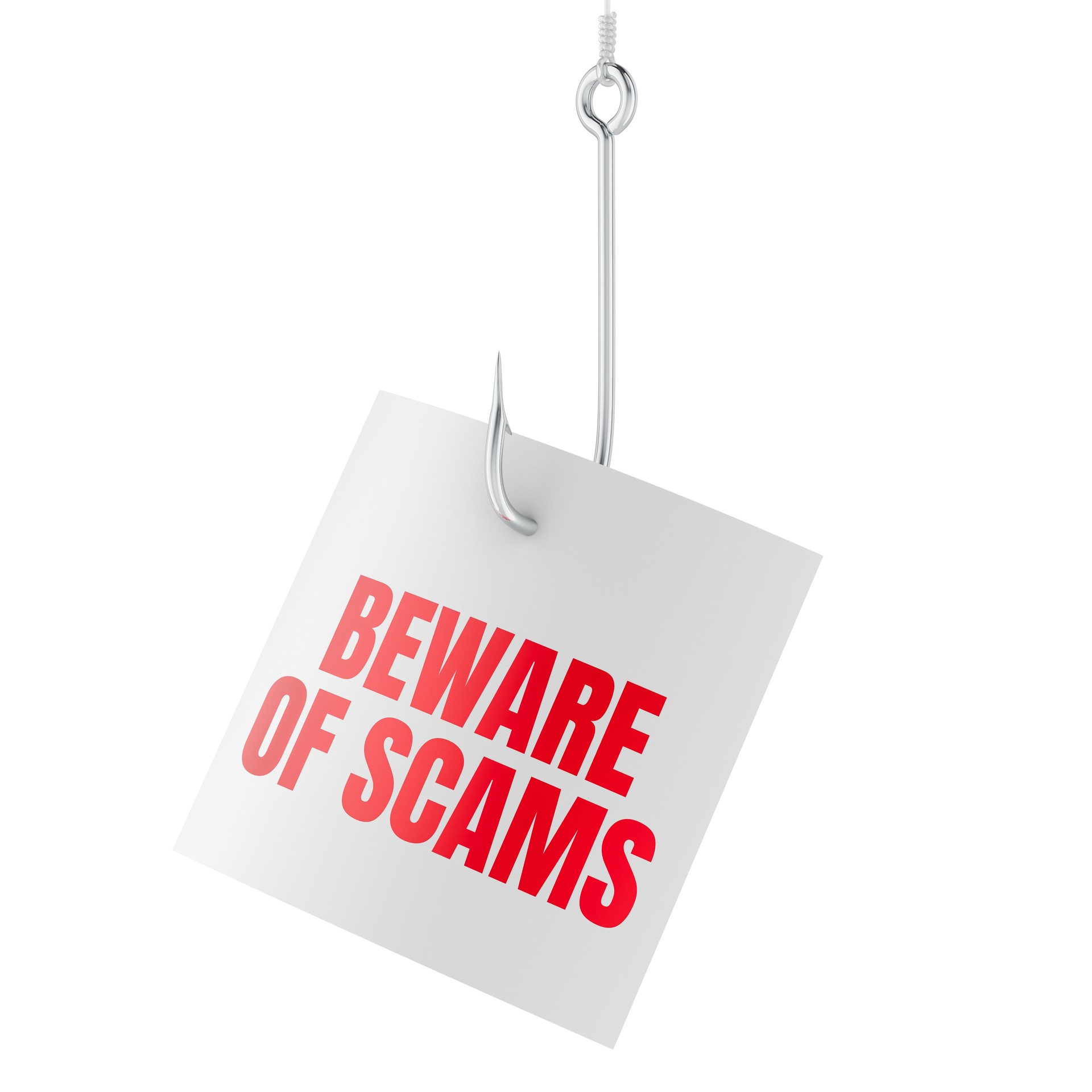 Beware of Scams warning, phishing hook with paper note. 3D rendering